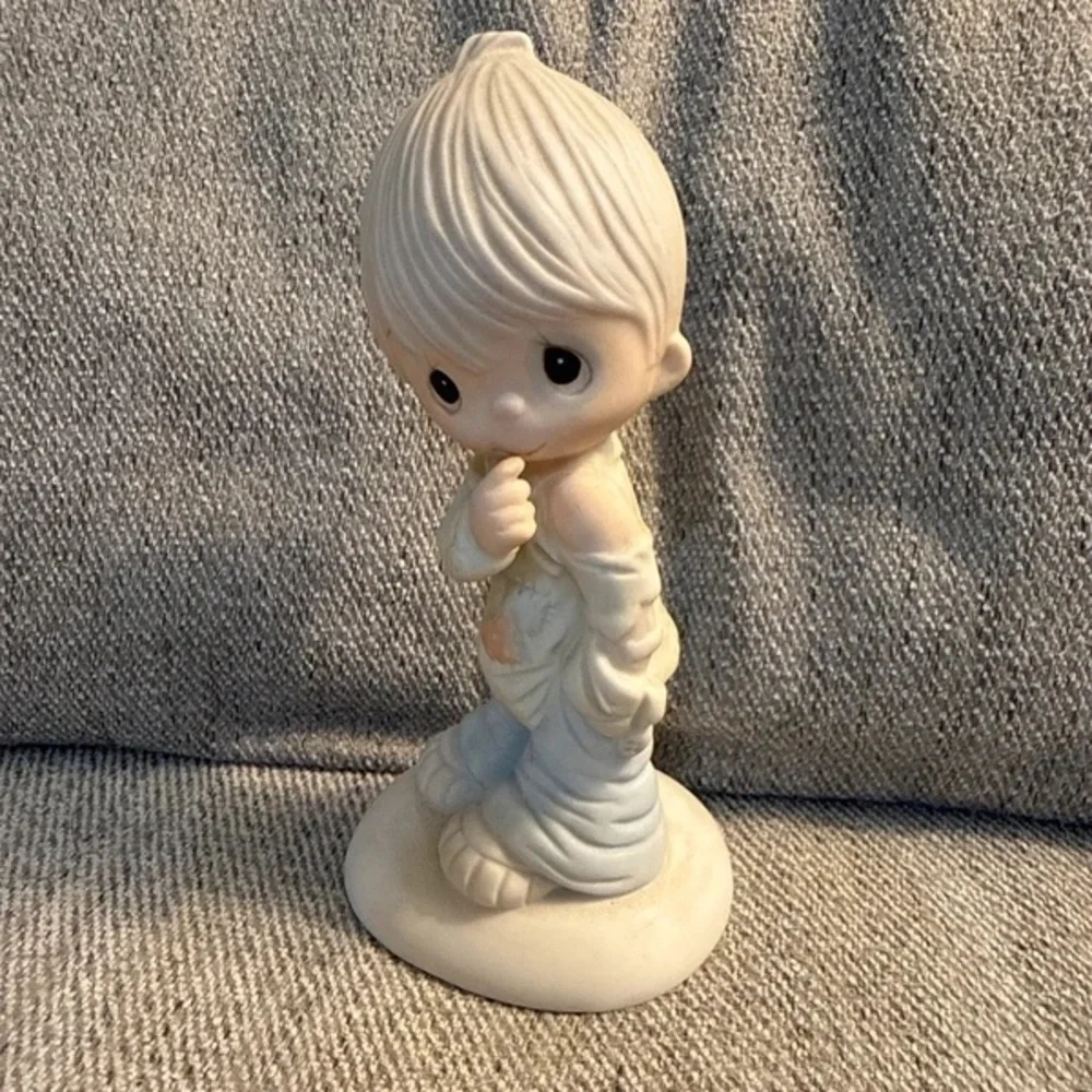 Precious Moments Cream and Pale Blue Boy Figurine with Thoughtful Pose